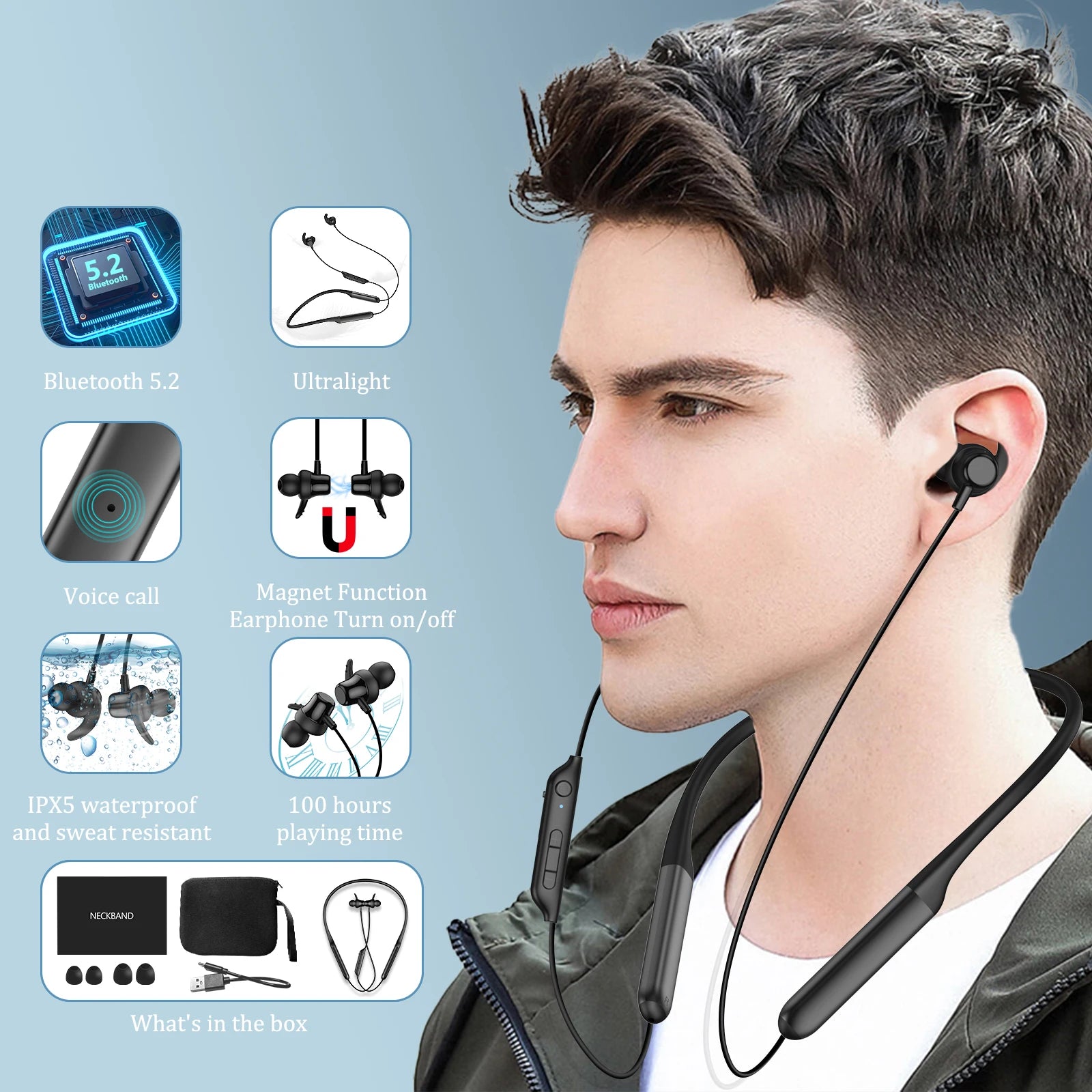 Nurati N1 5.2 Sport BT 100 Hours, Bluetooth Wireless Headset with Noise-Cancelling Microphone and IPX6, In-Ear W