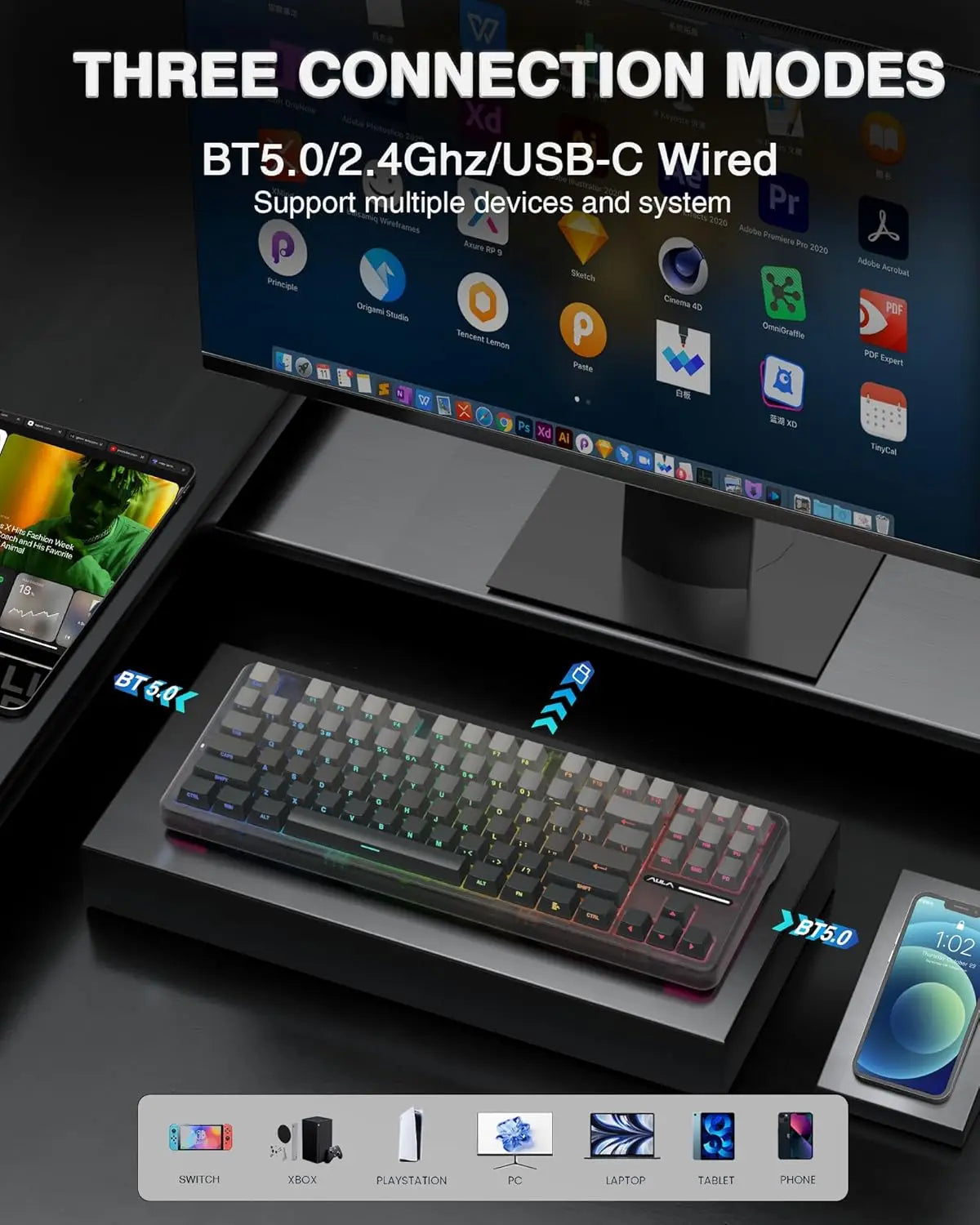 AULA F87 Pro Wireless Mechanical Keyboard Tri-Mode BT5.0/2.4G/USB-C Hot Swap PBT Side Print Keycaps Pre-lubed RGB Gaming Keyboar