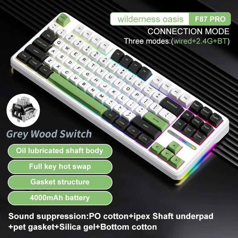 AULA F87 Pro Wireless Mechanical Keyboard Tri-Mode BT5.0/2.4G/USB-C Hot Swap PBT Side Print Keycaps Pre-lubed RGB Gaming Keyboar
