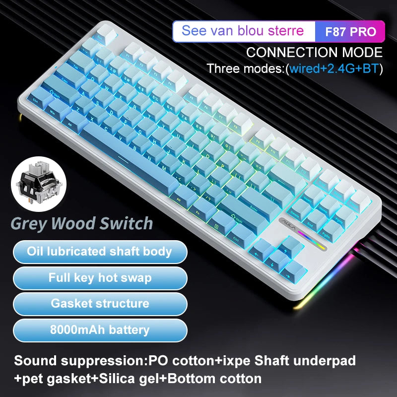 AULA F87 Pro Wireless Mechanical Keyboard Tri-Mode BT5.0/2.4G/USB-C Hot Swap PBT Side Print Keycaps Pre-lubed RGB Gaming Keyboar