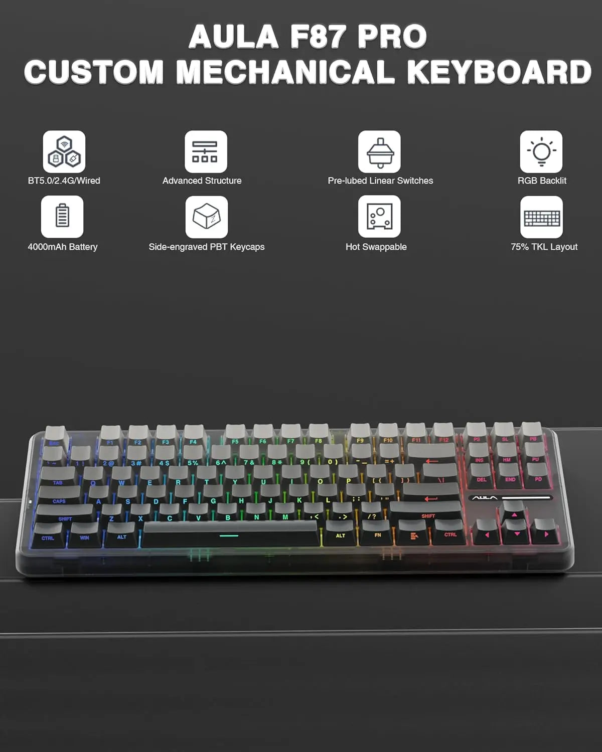 AULA F87 Pro Wireless Mechanical Keyboard Tri-Mode BT5.0/2.4G/USB-C Hot Swap PBT Side Print Keycaps Pre-lubed RGB Gaming Keyboar