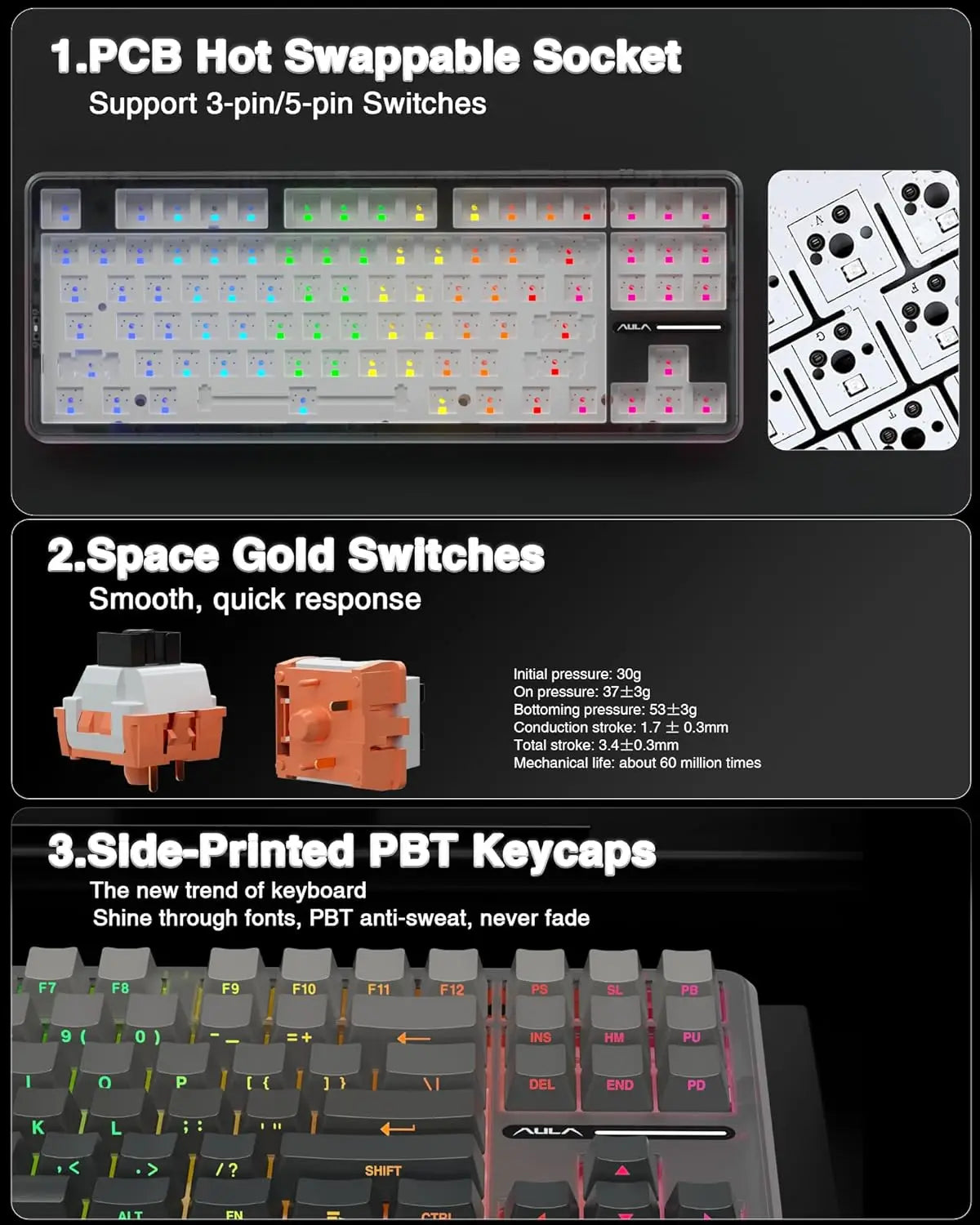 AULA F87 Pro Wireless Mechanical Keyboard Tri-Mode BT5.0/2.4G/USB-C Hot Swap PBT Side Print Keycaps Pre-lubed RGB Gaming Keyboar