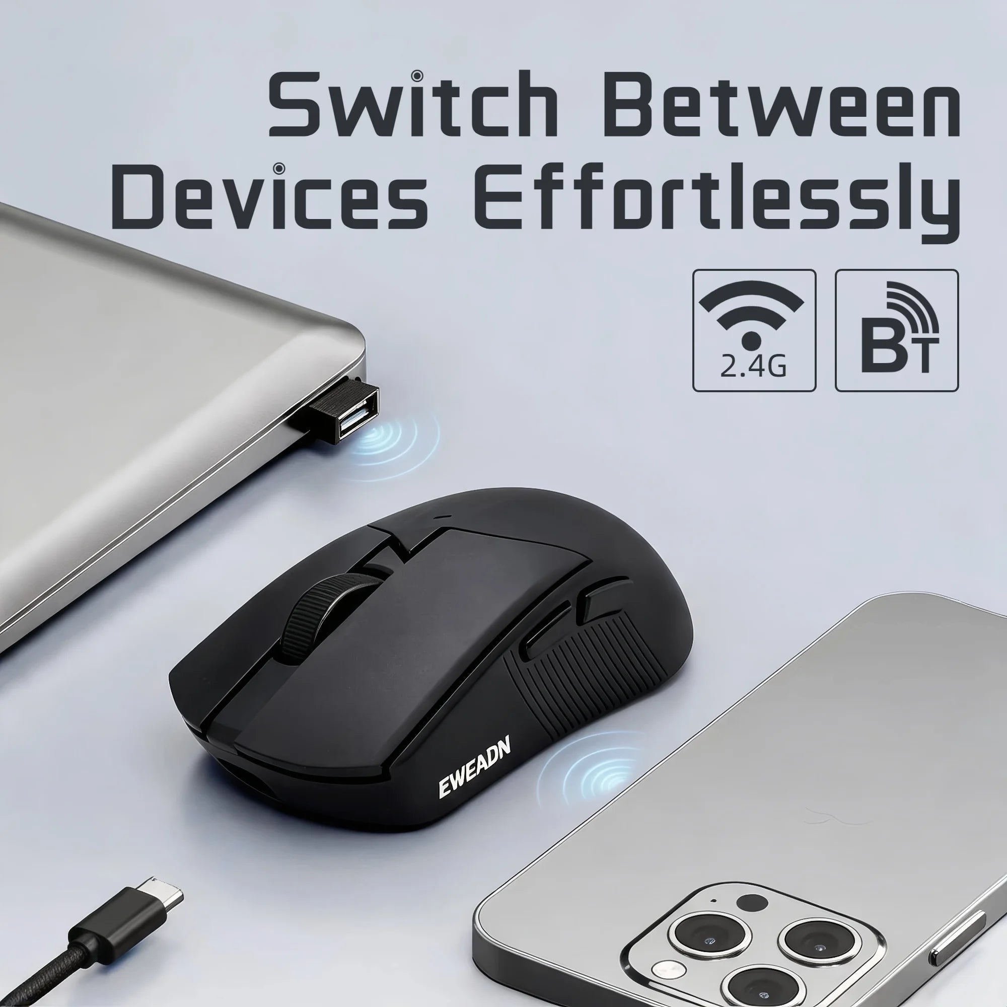 Wireless Mouse Bluetooth 2.4G Dual Mode 12800 DPI Gaming Mouse Rechargeable 500mAh Battery 1000Hz Polling Rate Lightweight 61g Office Gaming Mice for PC Laptop Tablet Black White