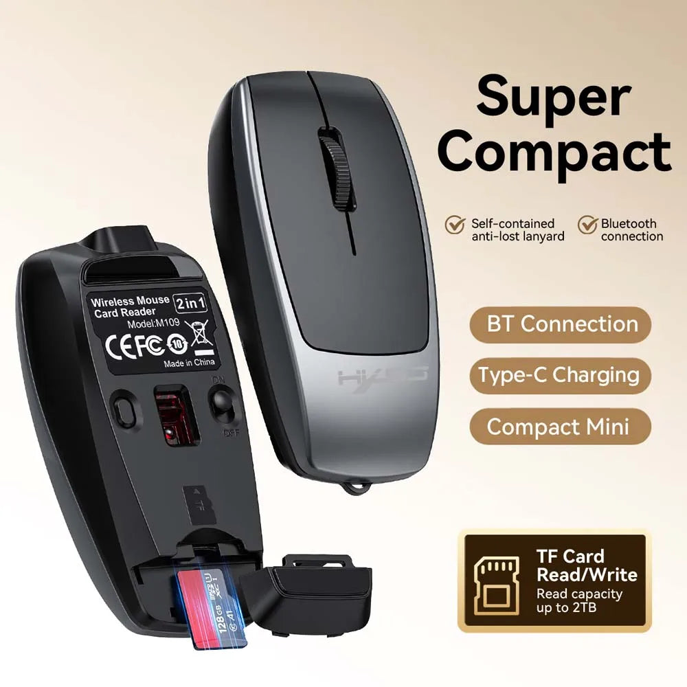 with Bluetooth Wireless Mouse Type USB C Rechargeable Mice with Micro SD Card Reader for Laptop Tablet Memory Adapter Mini Mouse